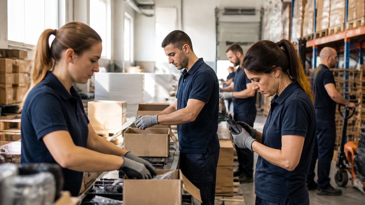 Team di operai qualificati al lavoro in un magazzino durante un picco di attività, con personale che collabora su compiti di assemblaggio e controllo qualità, illuminati dalla luce naturale