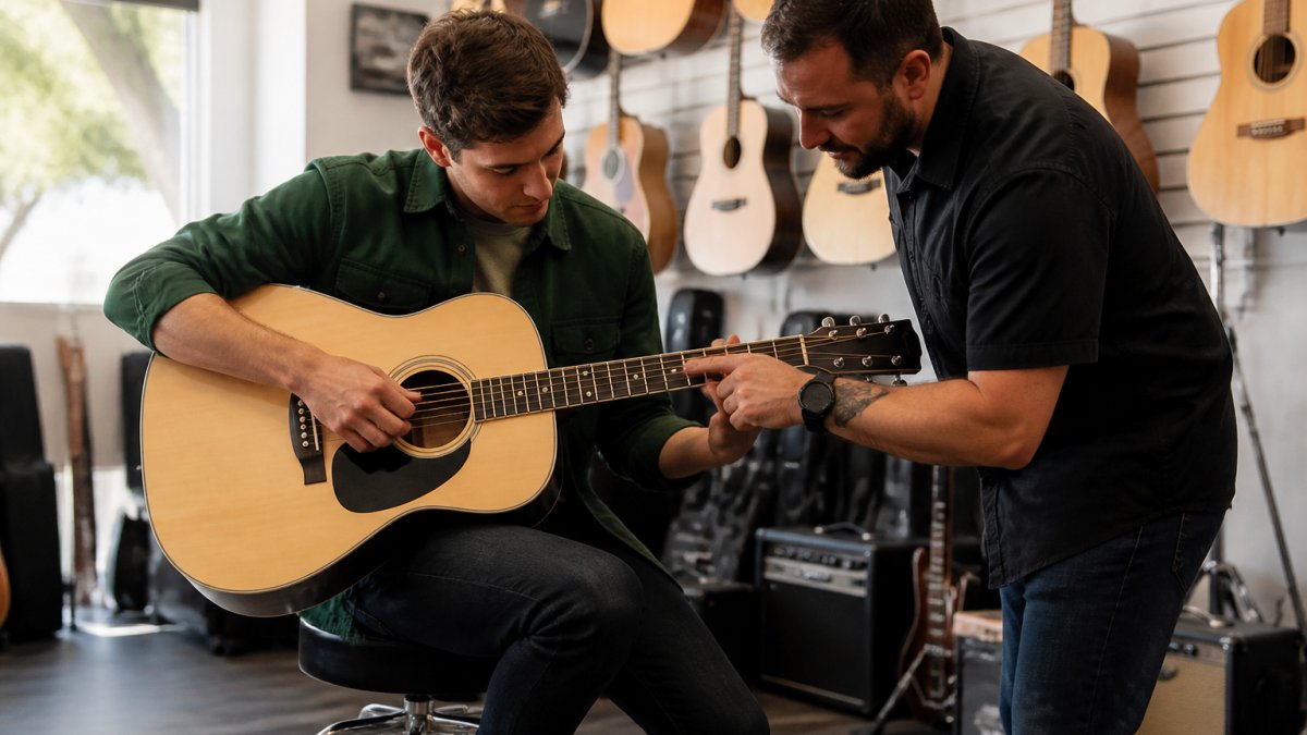 Staff member providing music shop expert advice to a customer playing an acoustic guitar on a store stool.