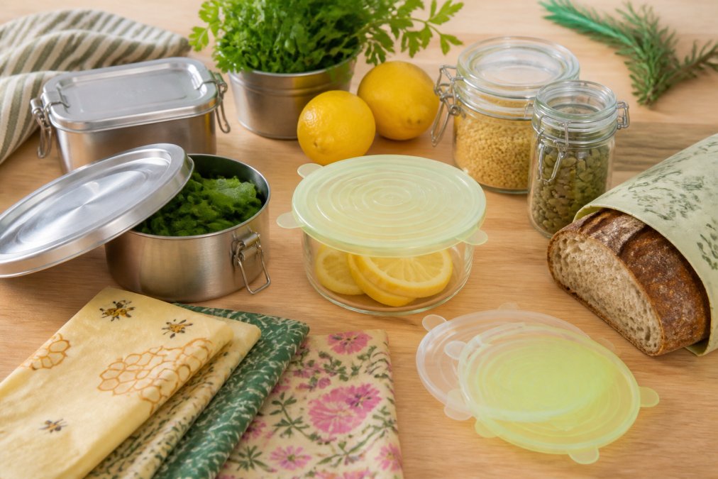 Flatlay auf einer hellen Holzküchenarbeitsplatte mit Bienenwachstüchern in verschiedenen Mustern, Glasbehältern mit Schraubverschluss, Silikon-Deckeln und Edelstahldosen, daneben frische Lebensmittel wie Zitronen, Kräuter und Brot
