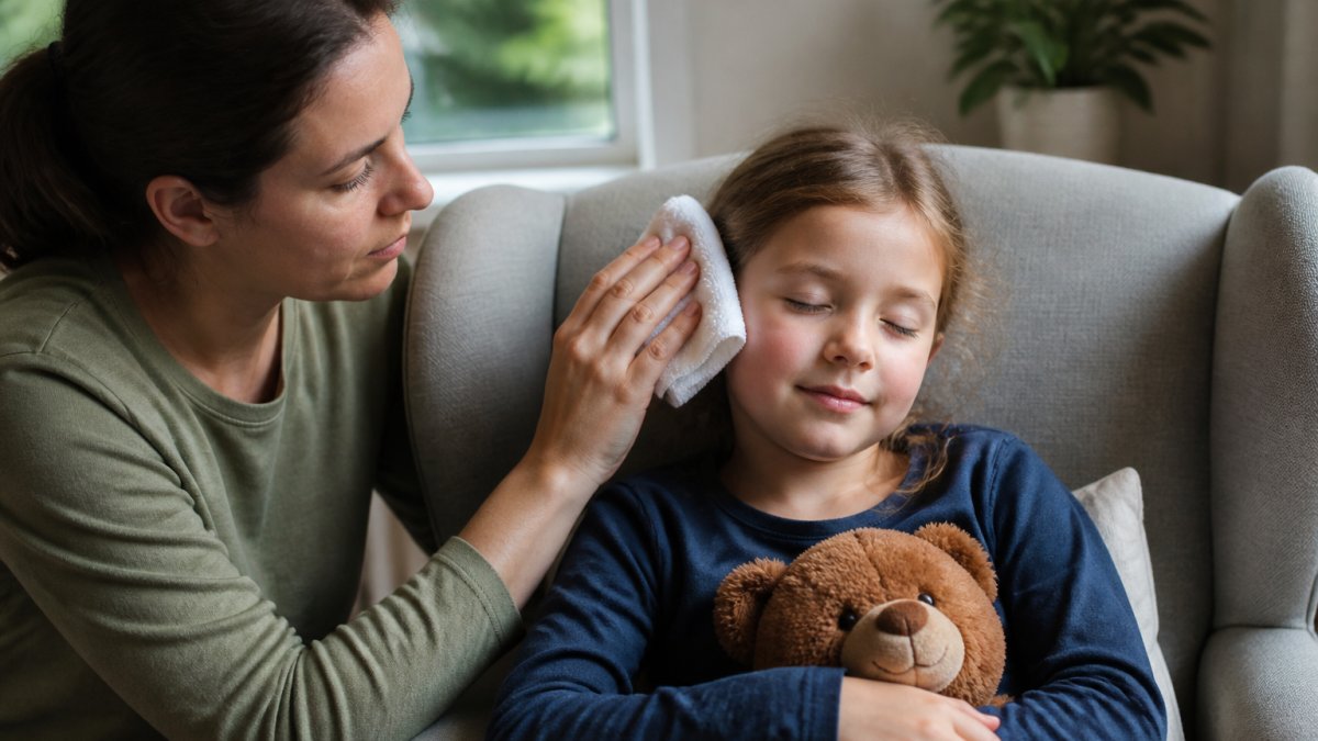 Parent gently applying a warm compress to a young child's ear while the child sits comfortably on a chair with proper head positioning, showing comfort care technique in natural home lighting