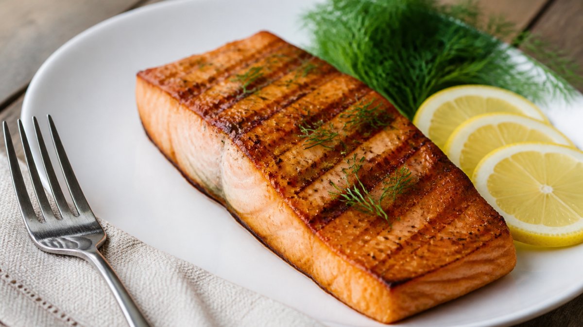 A close-up of a freshly grilled salmon fillet on a white ceramic plate, garnished with lemon slices and fresh dill, placed on a wooden table with a linen napkin and a fork beside it
