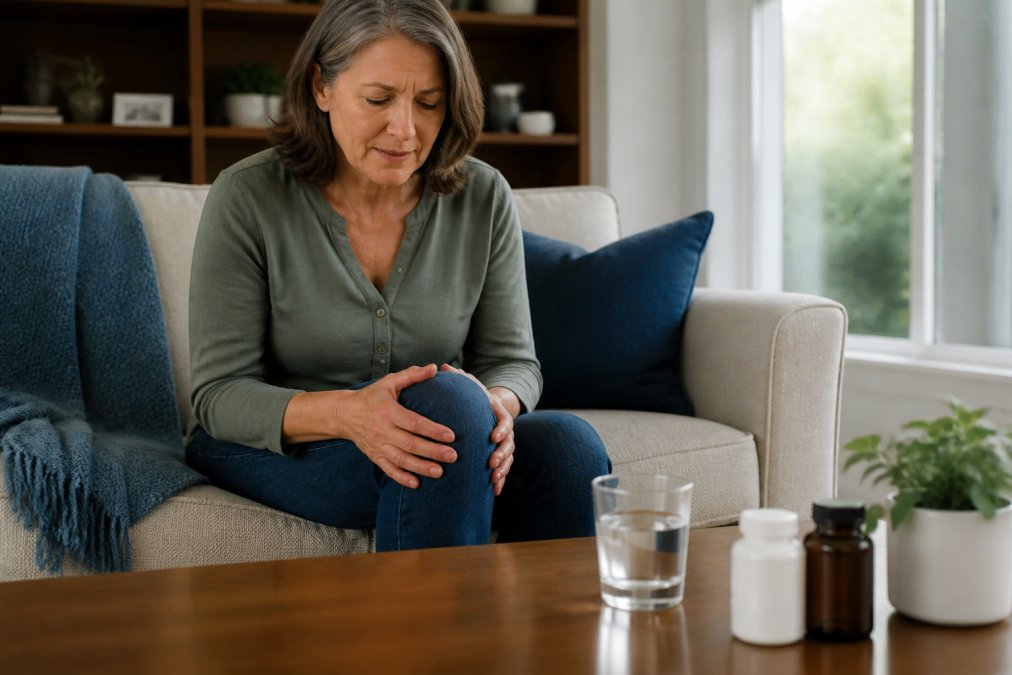 A person in their 50s gently touching their knee while sitting on a sofa, with a glass of water and supplement bottles on the coffee table nearby, soft natural window light