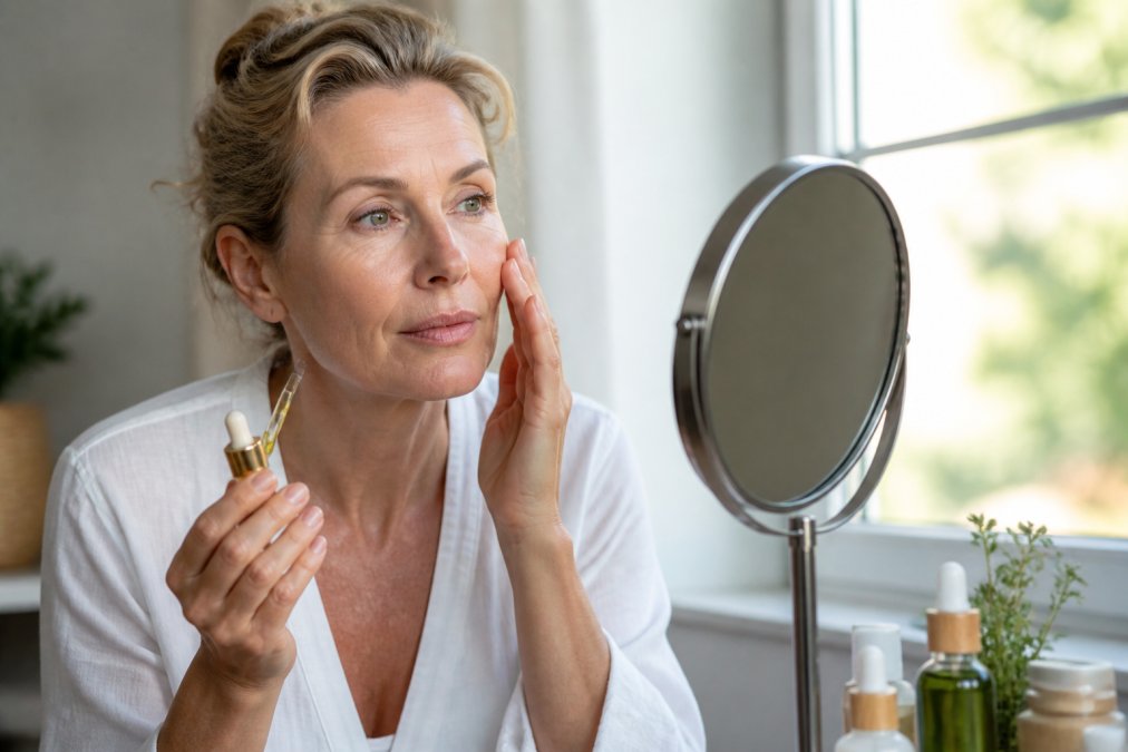 Woman in her 50s examining fine lines on her face in natural morning light while holding a glass dropper with golden serum, minimal makeup, soft natural lighting