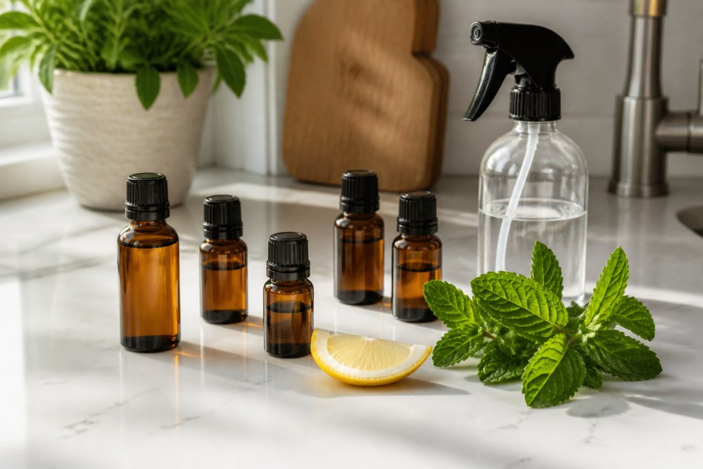A flat-lay photo of several small amber glass bottles of essential oils arranged on a white kitchen counter near a spray bottle, fresh mint leaves, and a lemon slice in bright natural window light