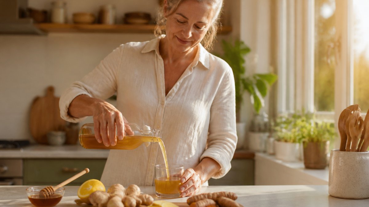 A woman pouring a golden wellness tonic into a glass with fresh ginger, lemon, and turmeric on a kitchen counter