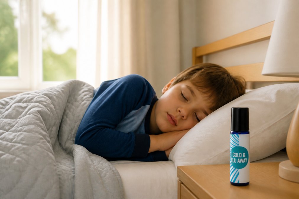 A child sleeping peacefully in a well-lit bedroom with soft natural light coming through a window, showing a calm, restful environment