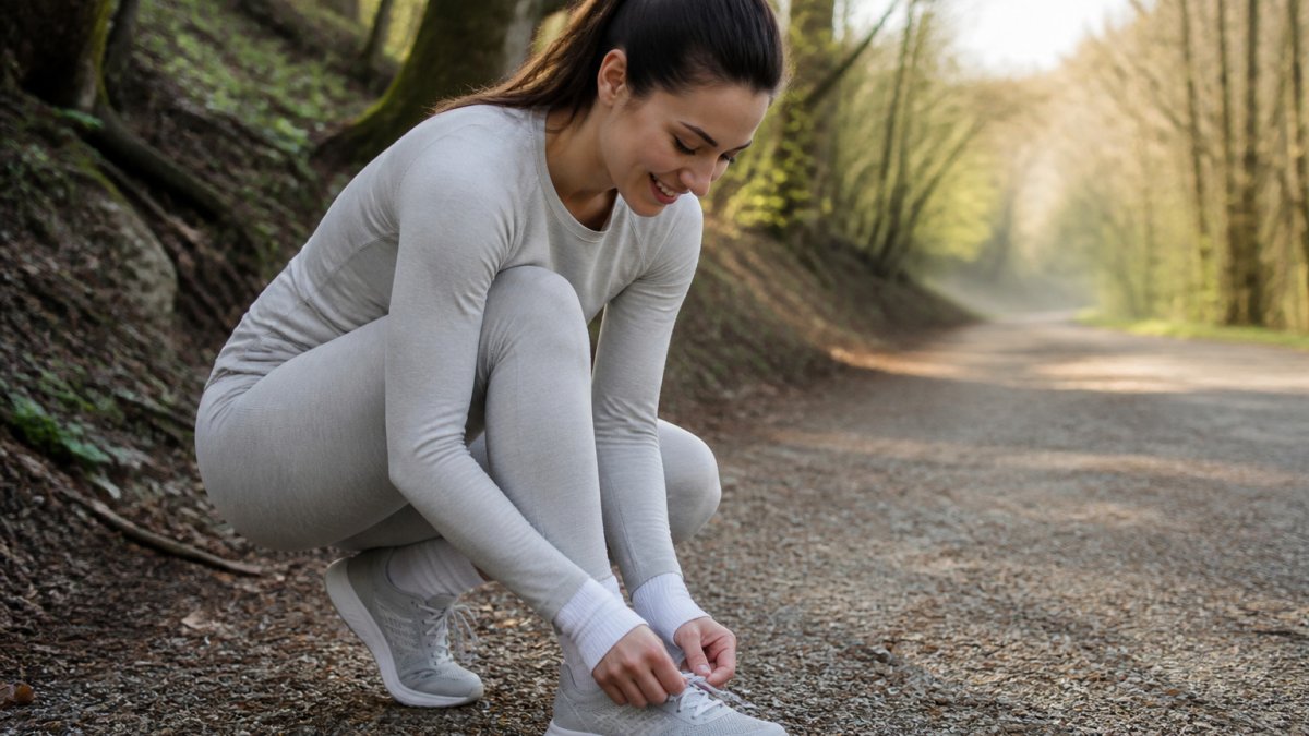 Woman in a soft moisture-wicking base layer putting on running shoes on a quiet morning trail