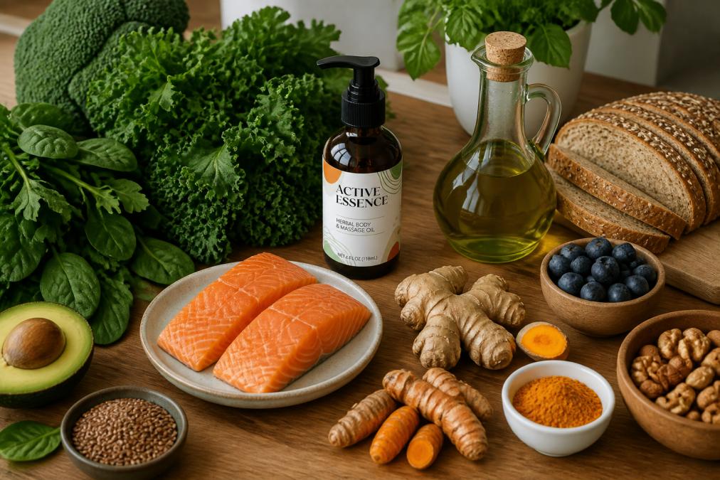 Overhead shot of a colorful kitchen counter with fresh leafy greens, turmeric root, ginger, fatty fish, olive oil, and whole grain bread arranged naturally on a wooden surface with natural window lighting