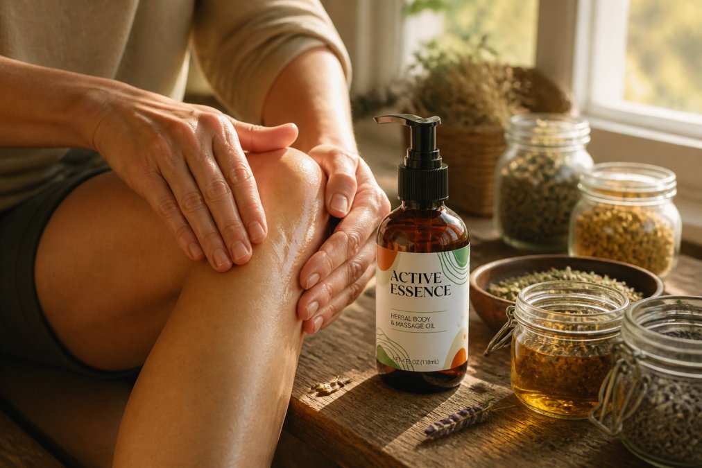 Hands applying herbal oil or salve to a joint area, with glass jars of natural remedies and dried herbs visible on a wooden table nearby, warm afternoon lighting through a window