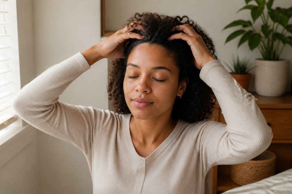 Woman performing a scalp massage with fingertips on her head, eyes closed, in a calm home setting with soft natural lighting from a window