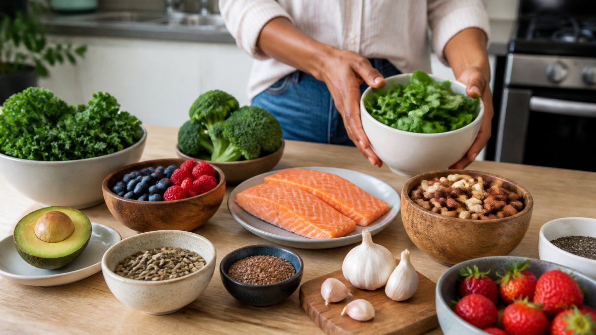 A colorful spread of whole foods like leafy greens, berries, salmon, and nuts arranged on a light wooden table in a bright kitchen, with a person's hands reaching for a bowl