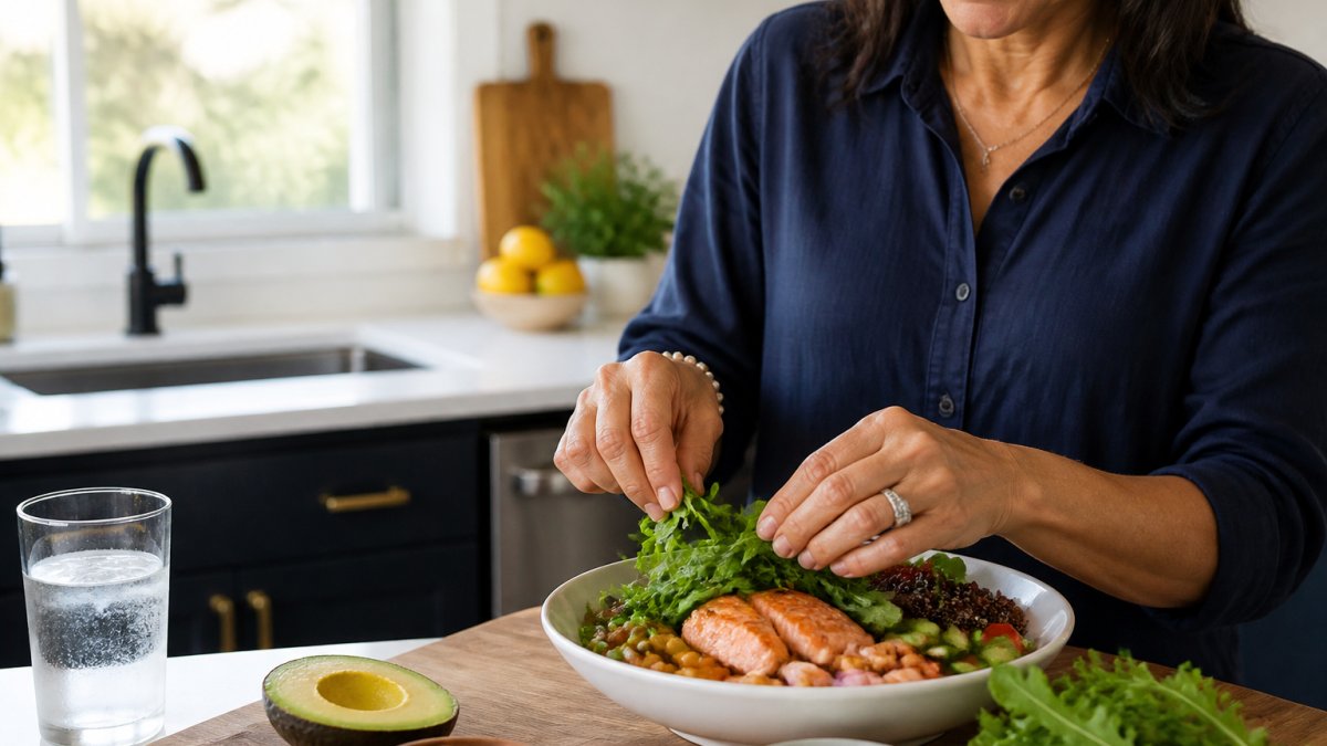 A woman in her late 40s preparing a colorful meal with leafy greens, salmon, and legumes in a bright kitchen, with a glass of water nearby
