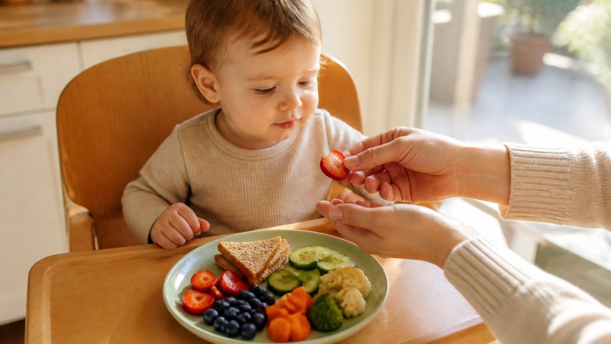 Infographic illustrating healthy food choices for toddler immune support featuring fruits, vegetables, and grains.