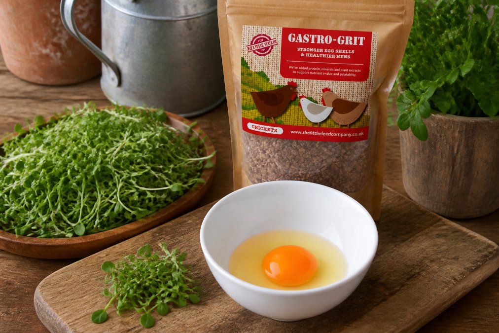 A cracked fresh egg in a white ceramic bowl showing a deep golden-orange yolk, with fresh green alfalfa leaves and leafy plants arranged on a wooden surface in soft natural light