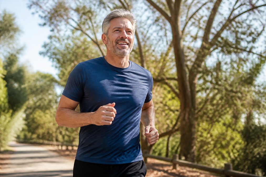 Middle-aged man jogging outdoors on a sunny morning, showing steady cardiovascular exercise with natural lighting and trees in background