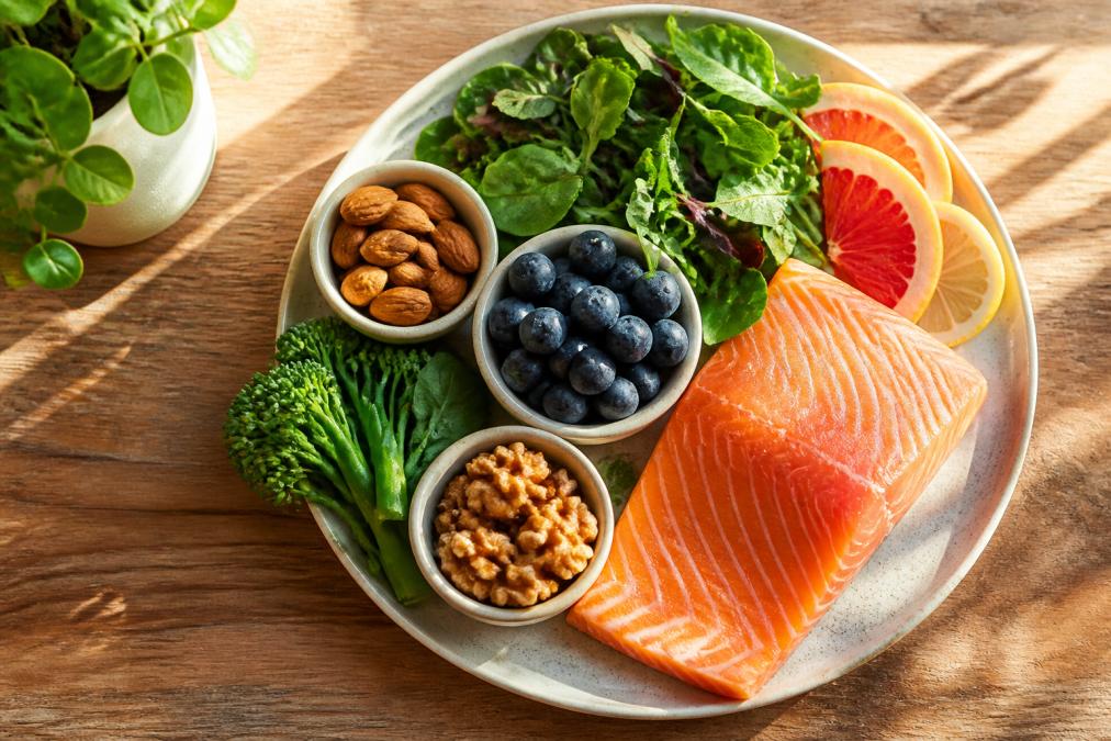 Overhead shot of a colorful plate featuring omega-3 rich foods like salmon, leafy greens, berries, nuts, and citrus fruits arranged on a wooden table with natural sunlight