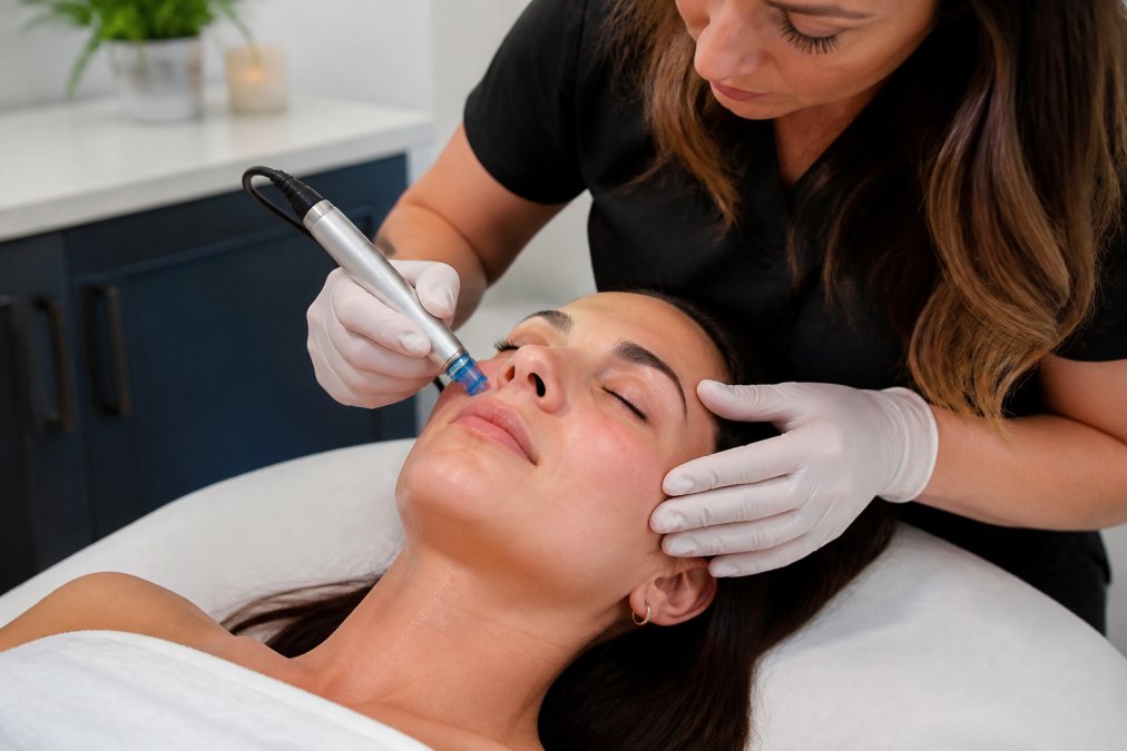 Professional demonstrating microneedling treatment being performed on facial skin, showing the handheld device and the person's relaxed expression during the procedure in a clinical setting with natural lighting