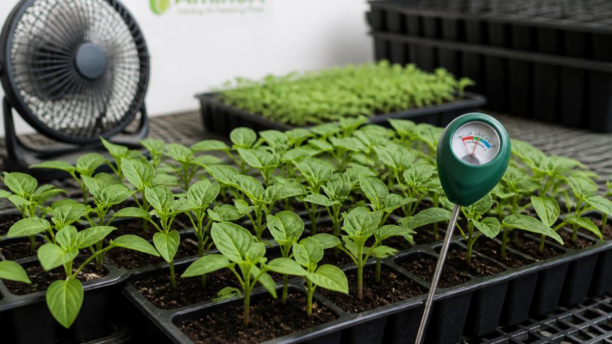 Healthy seedlings in a propagation tray with an air fan and moisture meter to prevent damping off