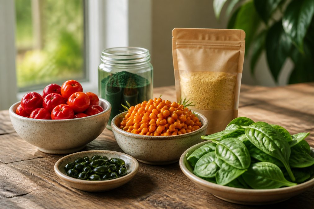 Acerolabessen, spirulina en spinazie als 7 natuurlijke alternatieven voor synthetische vitamines op een houten tafel.