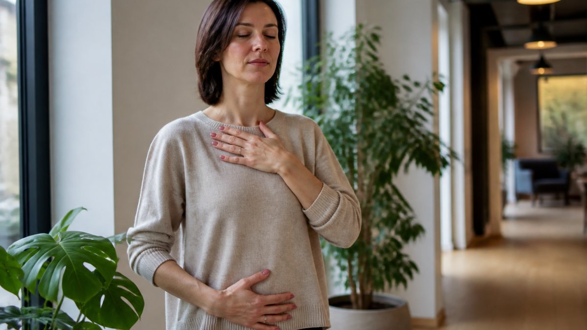Person sitting comfortably indoors with eyes closed, one hand on their chest and one on their belly, demonstrating body awareness during a somatic practice