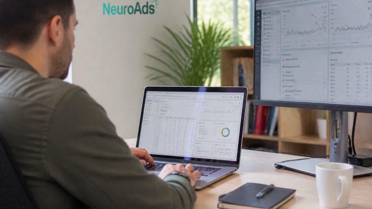 A paid media manager at a DTC brand reviewing ad performance dashboards on a laptop in a bright office, second monitor showing live campaign metrics