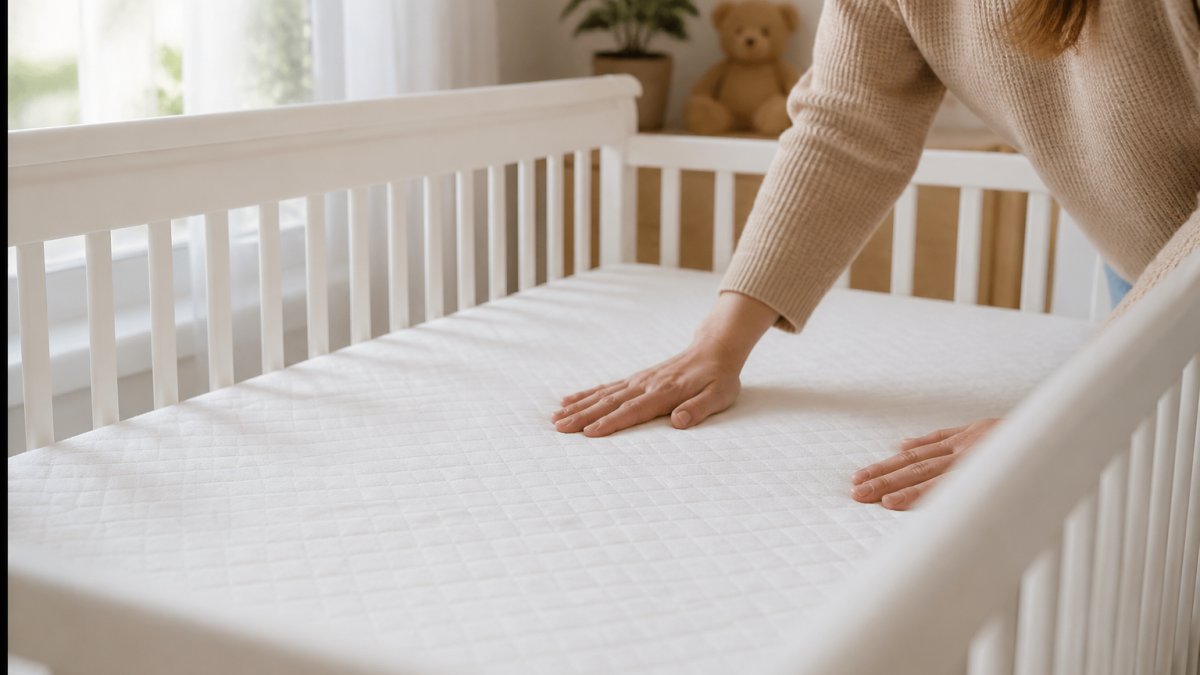 Parent smoothing a clean sheet over a breathable crib mattress in a bright, sunlit nursery room.