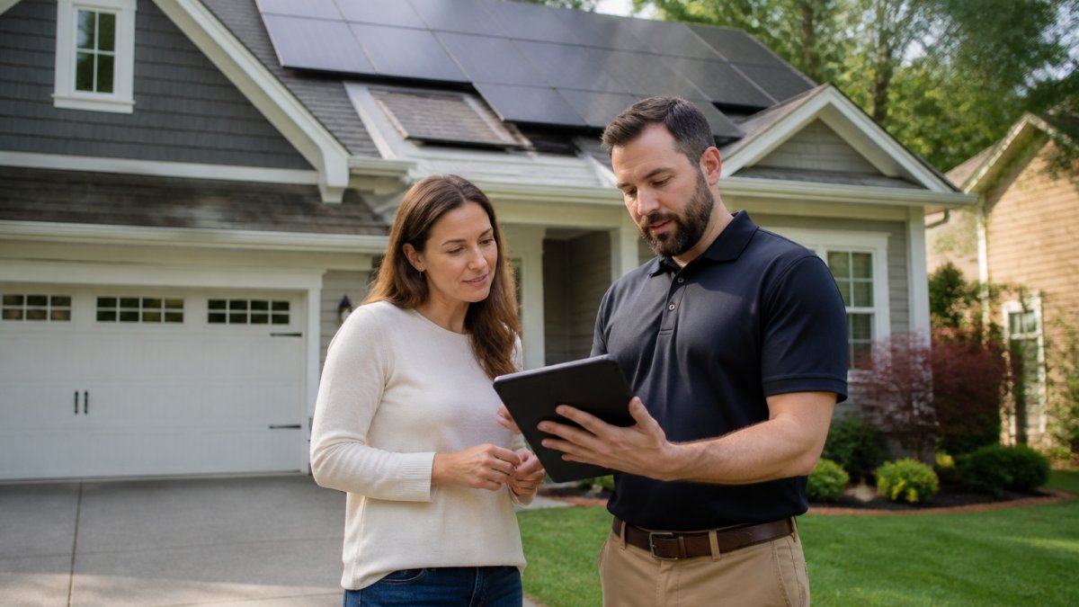 Homeowner and consultant reviewing solar panel layout to calculate the solar payback period on a tablet