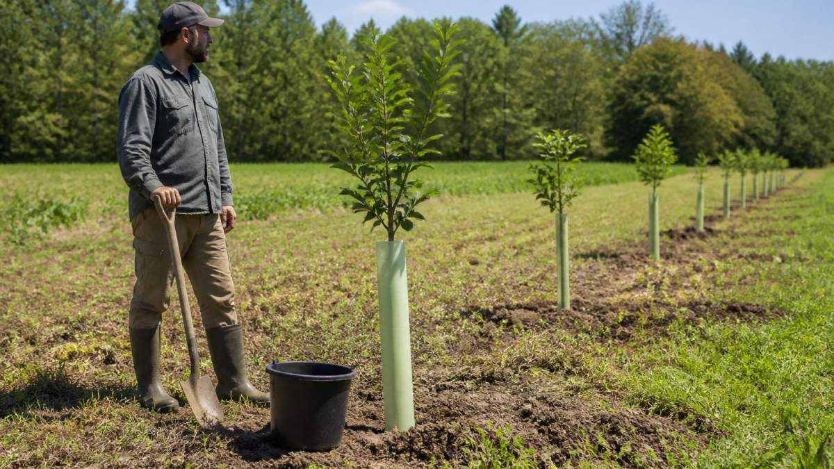 Landowner standing in a sunny field beside rows of young oak saplings with tree tubes and planting tools nearby
