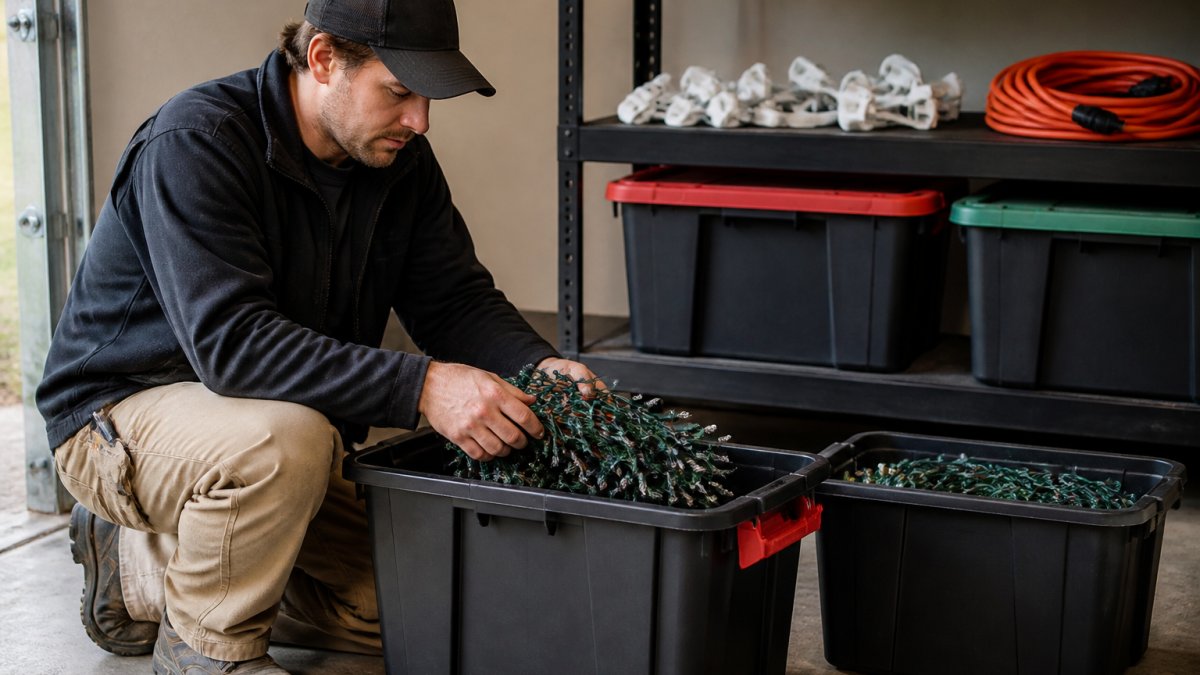 Technician coiling strands for holiday lighting maintenance into labeled storage bins in a clean garage.