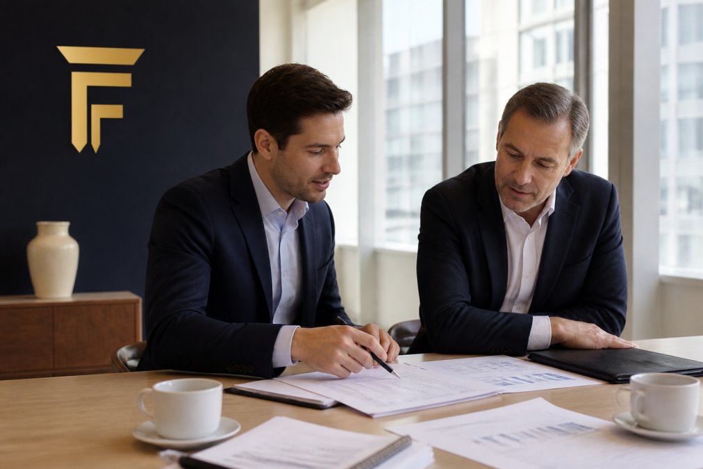 Two business professionals reviewing financial documents and a laptop in a bright modern office, one pointing at a spreadsheet with a pen, coffee cups on the desk