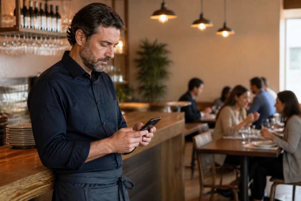 Dueño de restaurante revisando una carta digital con alérgenos en su teléfono móvil desde la barra del local.