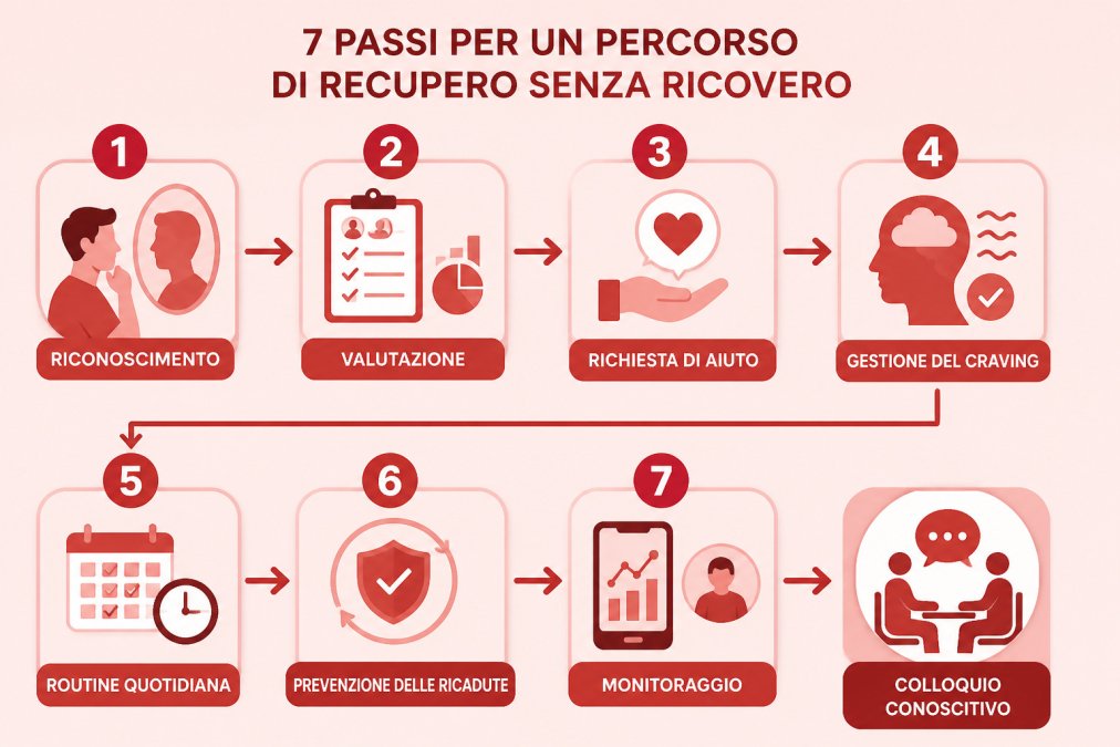 Infografica sui sette passi per un percorso di dipendenza senza ricovero, dal riconoscimento al monitoraggio.