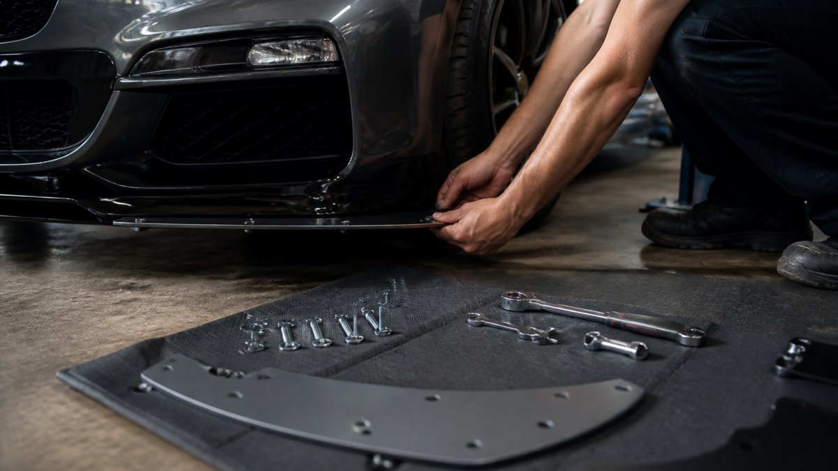 Close-up of a mechanic's hands fitting a front splitter onto a sports car in a well-lit garage, with tools and hardware laid out on a work mat nearby
