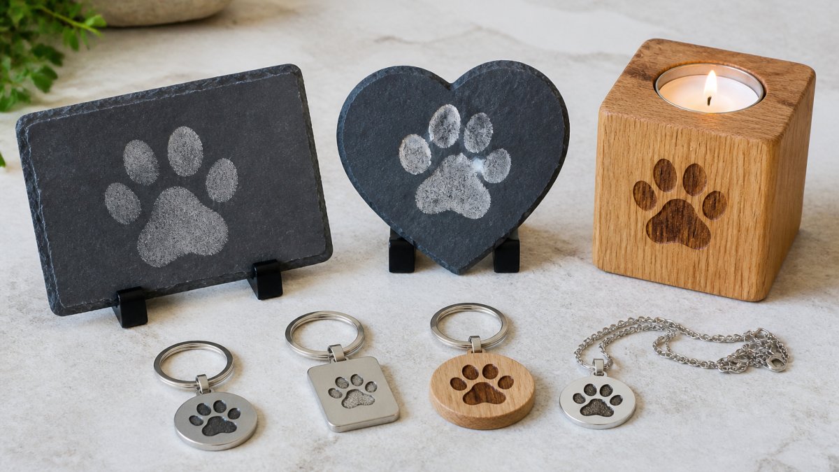 Arranged collection of personalised paw print gifts displayed on a neutral surface including slate plaques, metal keyrings, wooden keyrings, necklace, and oak candle holder showing the full range of memorial options