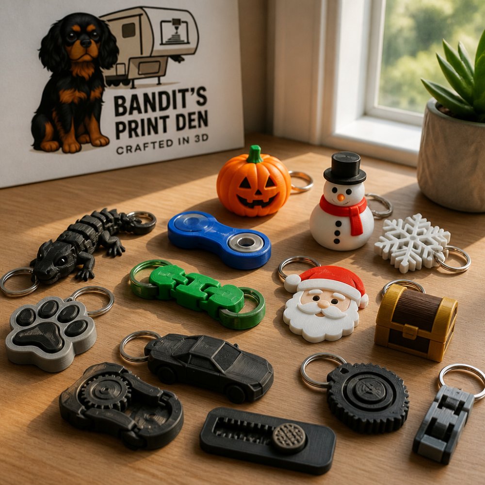 Close-up of a desk surface displaying multiple 3D-printed keychains in various colors and designs, some with fidget mechanisms, others with seasonal themes, arranged in natural daylight from a window