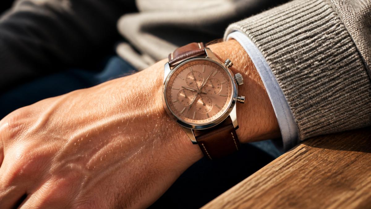 Close-up of a man's wrist wearing a personalized engraved chronograph watch with stainless steel case and copper dial, soft natural sunlight highlighting the watch face and leather strap detail