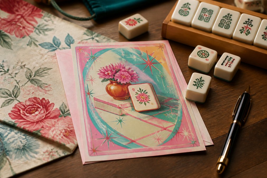 Colorful retro-inspired mahjong birthday card displayed on a table with vintage floral designs, mahjong tiles arranged nearby, and a pen ready for signing, natural afternoon light