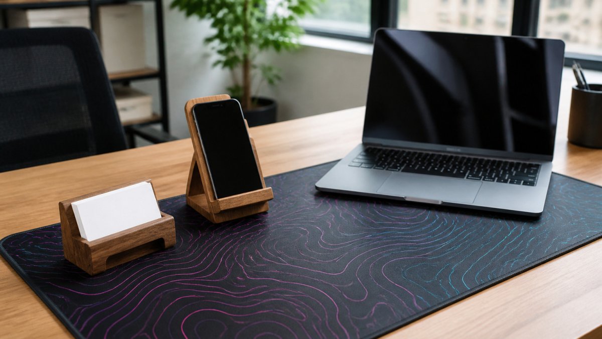 A tidy desk featuring a topographic mat, business card holder, and phone stand in a bright, modern office space.