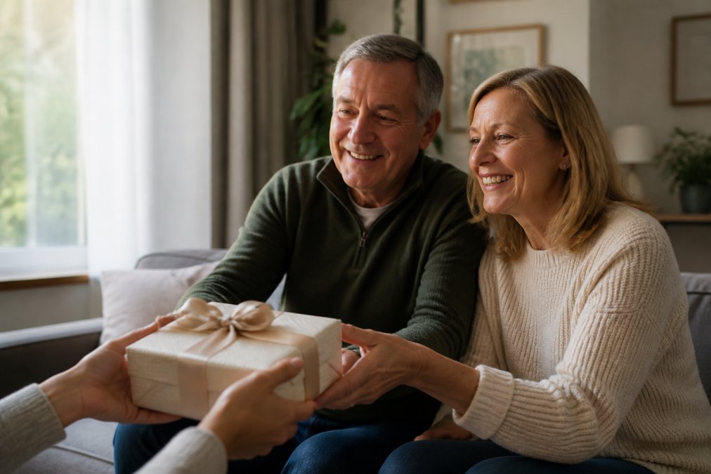 Hands exchanging a beautifully wrapped personalized gift box with elegant ribbon, couple smiling warmly in soft natural window lighting in a cozy living room