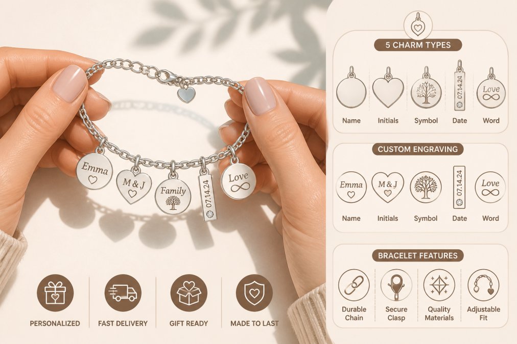 Close-up of hands holding a delicate personalized charm bracelet with multiple engraved silver charms catching natural light, showing fine detail of customization and craftsmanship on a white surface