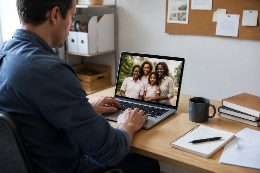 Person sitting at a desk with a laptop, uploading a high-resolution family photo and typing personalization details (names, dates, custom text) into an online gift customization form, with a coffee cup and notes visible