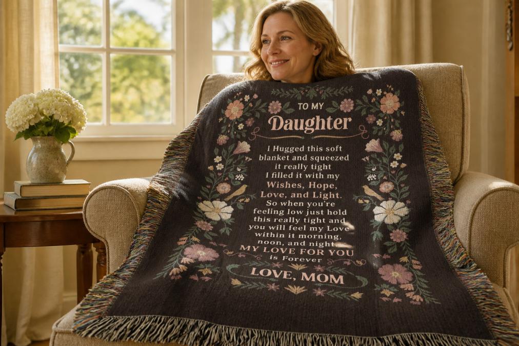 Parent wrapped in a cozy woven blanket featuring a custom family photo, smiling warmly while sitting in a comfortable living room with natural afternoon light streaming through windows