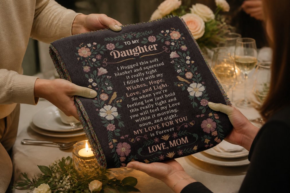 Close-up of hands exchanging a wrapped personalized gift box during a family celebration at an anniversary dinner table with soft candlelight and flowers
