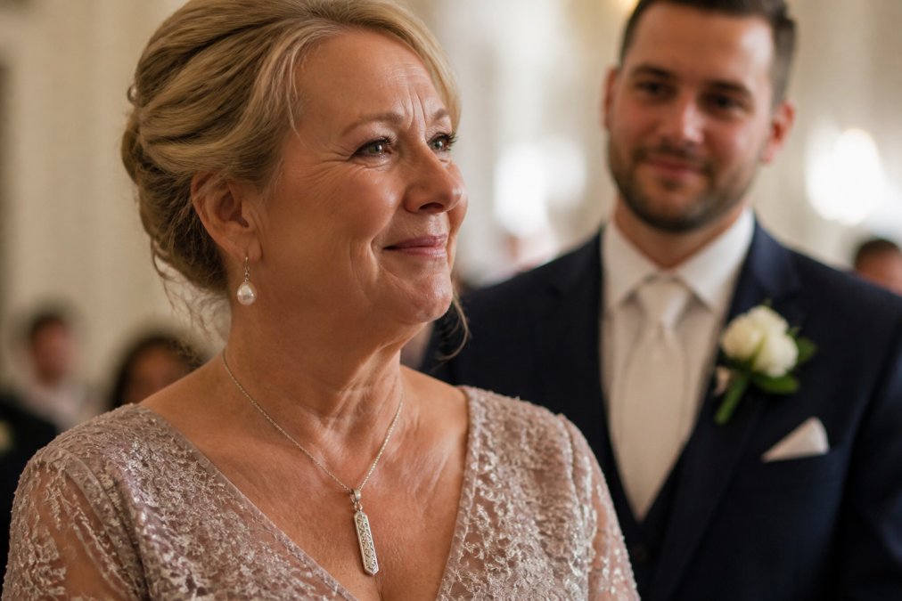 Mother of the groom wearing an elegant personalized necklace with engraved pendant and coordinated pearl earrings, photographed in soft natural light during a wedding ceremony moment with the groom visible in the background