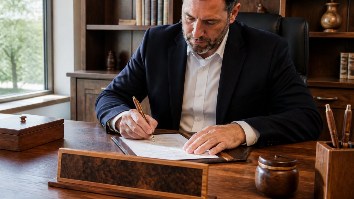 Professional man at wooden desk signing important document with handcrafted wooden pen, custom nameplate visible on desk surface, natural window light highlighting rich wood grain and metal accents