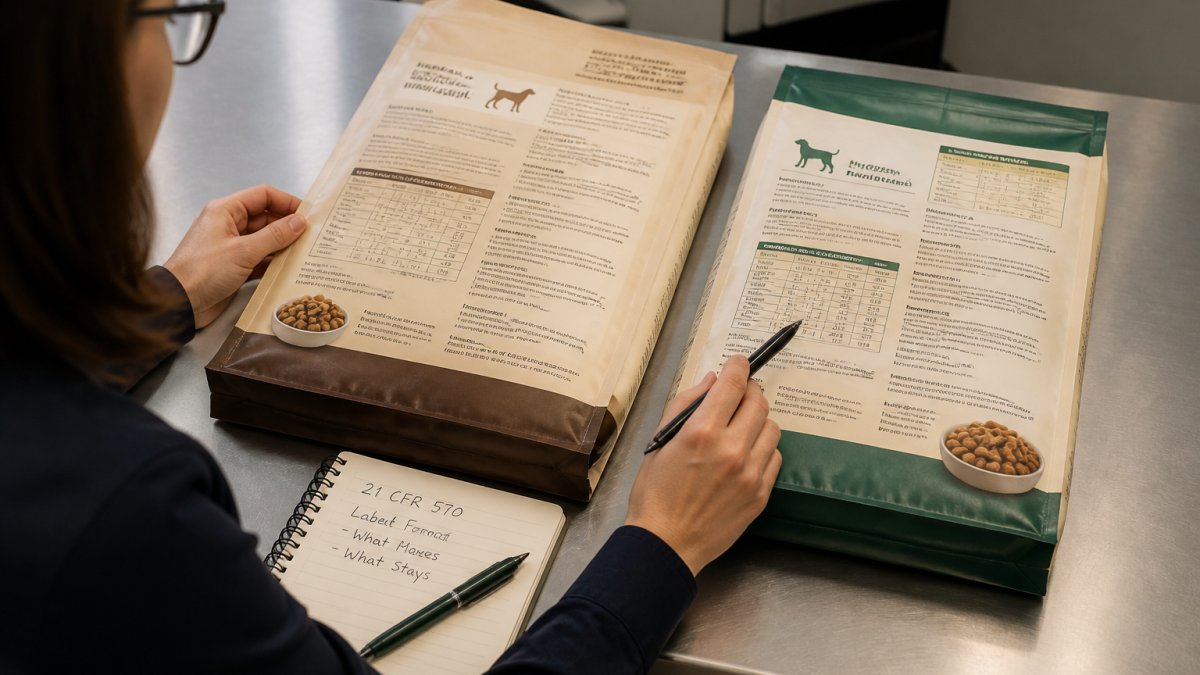 Regulatory specialist comparing an old and new pet food label design layout on a workbench