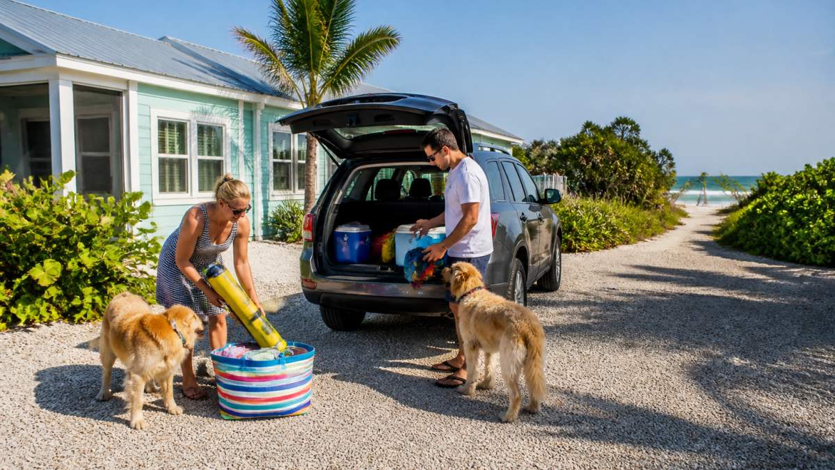 Family with two dogs unloading beach gear at a restored 1950s villa among pet friendly vacation rentals by the ocean.