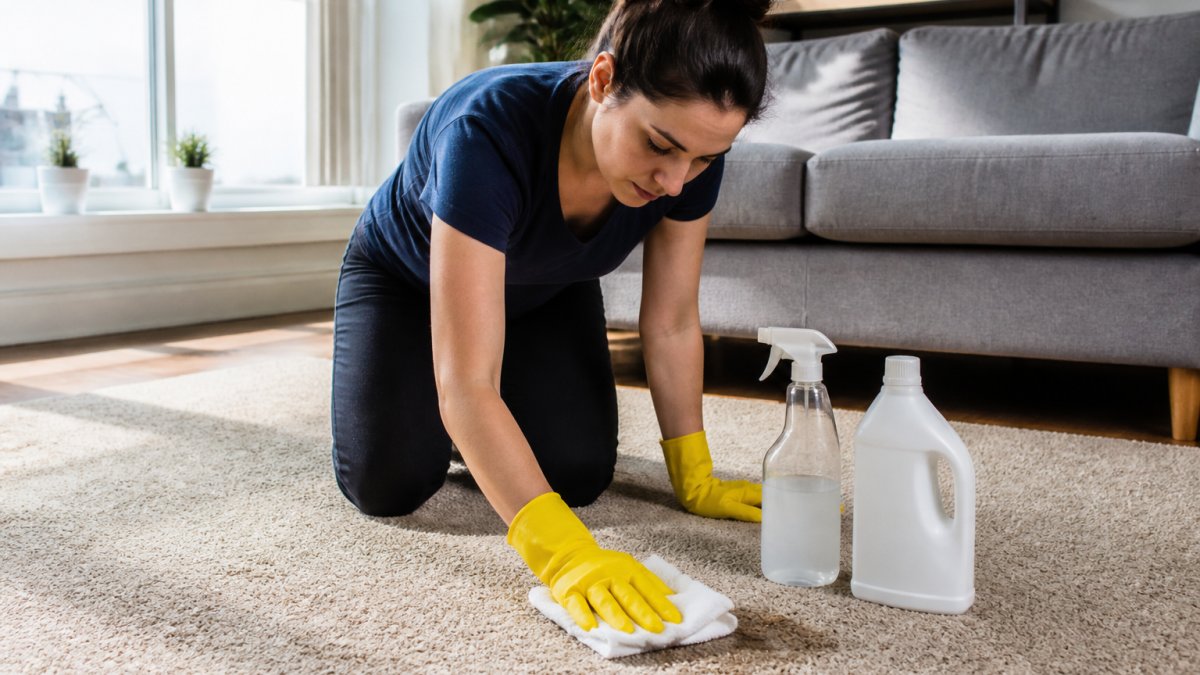 Person kneeling on carpet blotting a fresh pet stain with a cloth and enzyme cleaner spray bottle