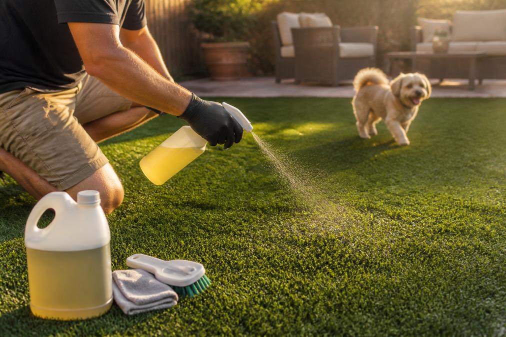 Step-by-step visual guide for Homeowner for pet safe artificial turf sanitizing