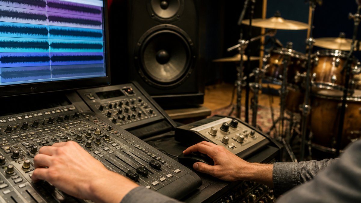 Mixing engineer adjusting drum waveforms on a DAW to correct phase issues